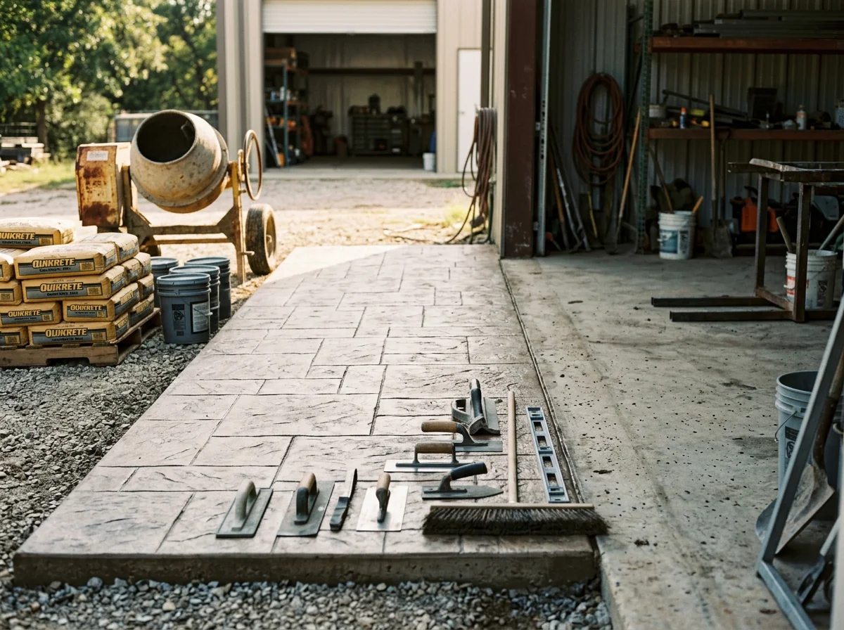 Concrete work in progress showing finished slab or decorative concrete installation with tools and materials on site.