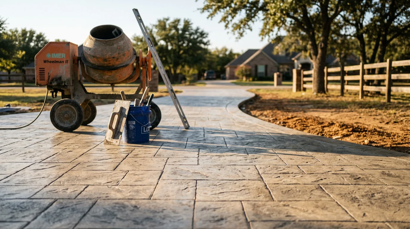 Concrete contractor pouring and finishing a residential driveway in North Central Texas.