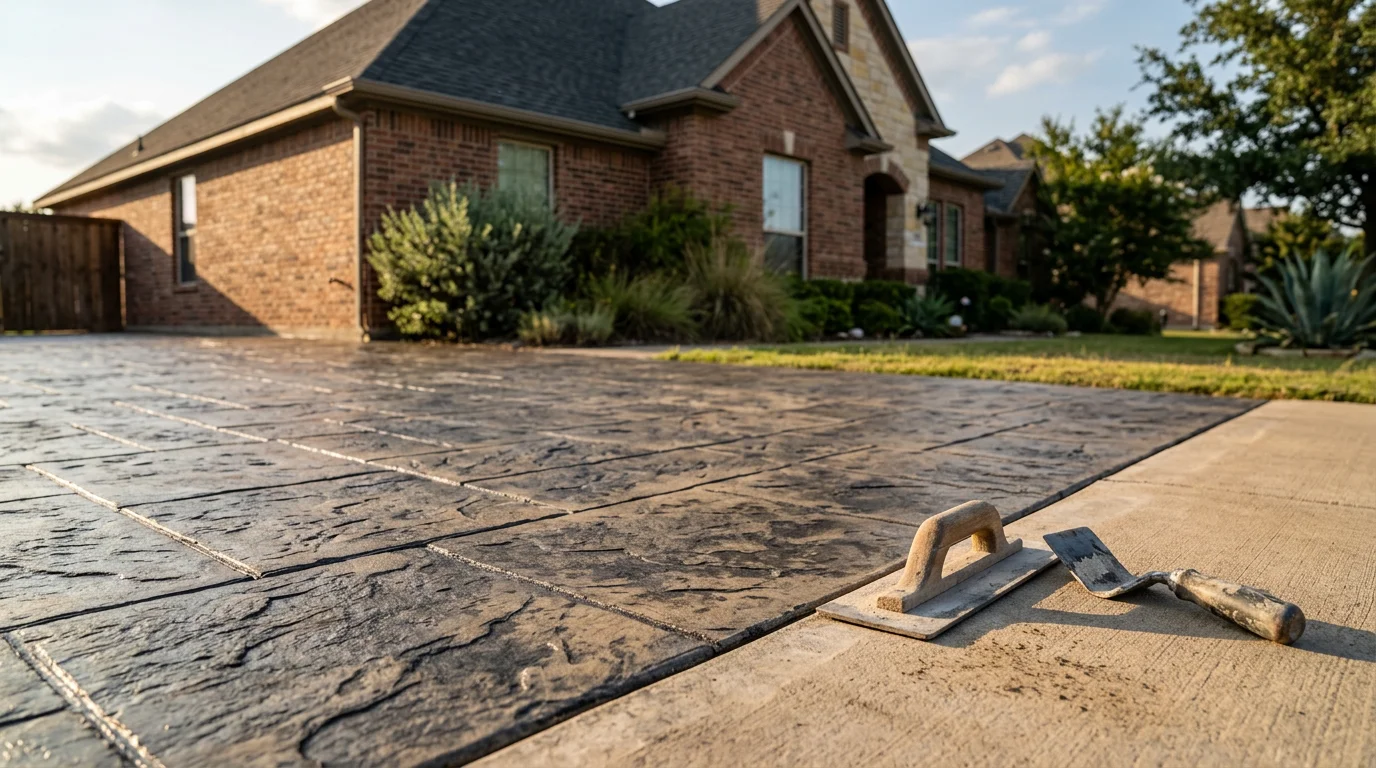 Stamped decorative concrete patio with custom pattern in North Central Texas.