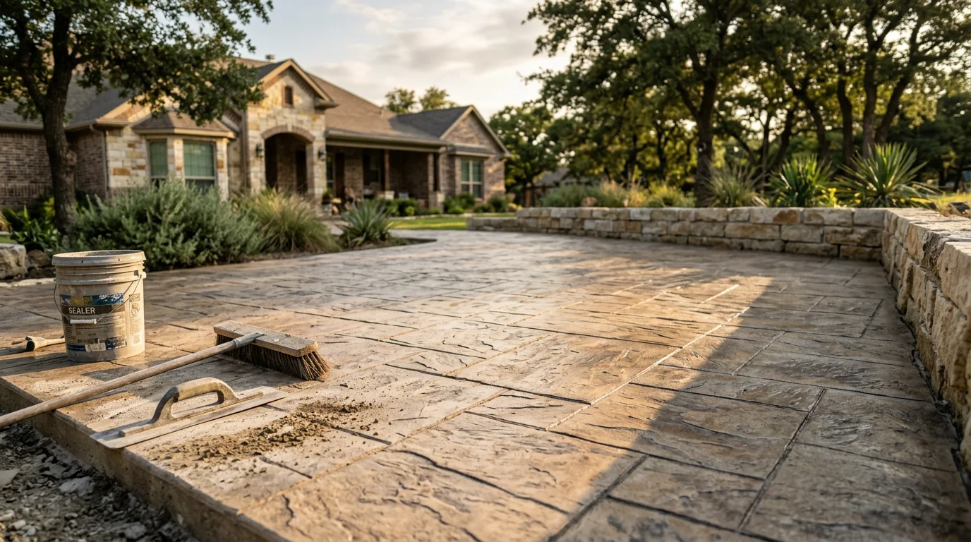 Custom outdoor patio with stamped concrete and seating area in North Central Texas.