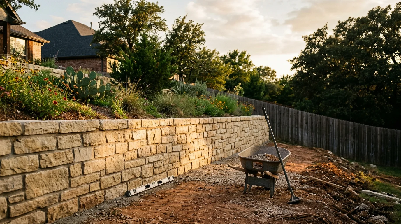 Completed retaining wall on a residential property in North Central Texas.