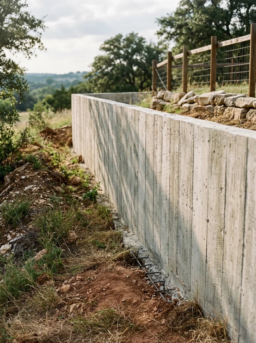 Concrete retaining wall built on a sloped lot in Stephenville, Texas, with a brushed finish and visible steel reinforcement at the base footing.