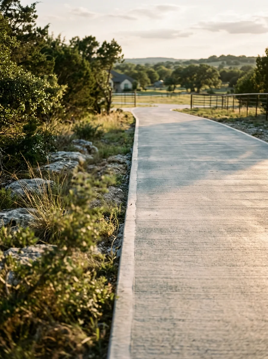 Concrete driveway with a brushed finish leading to a rural acreage property near Tolar, Texas, with limestone outcroppings visible along the property edge.