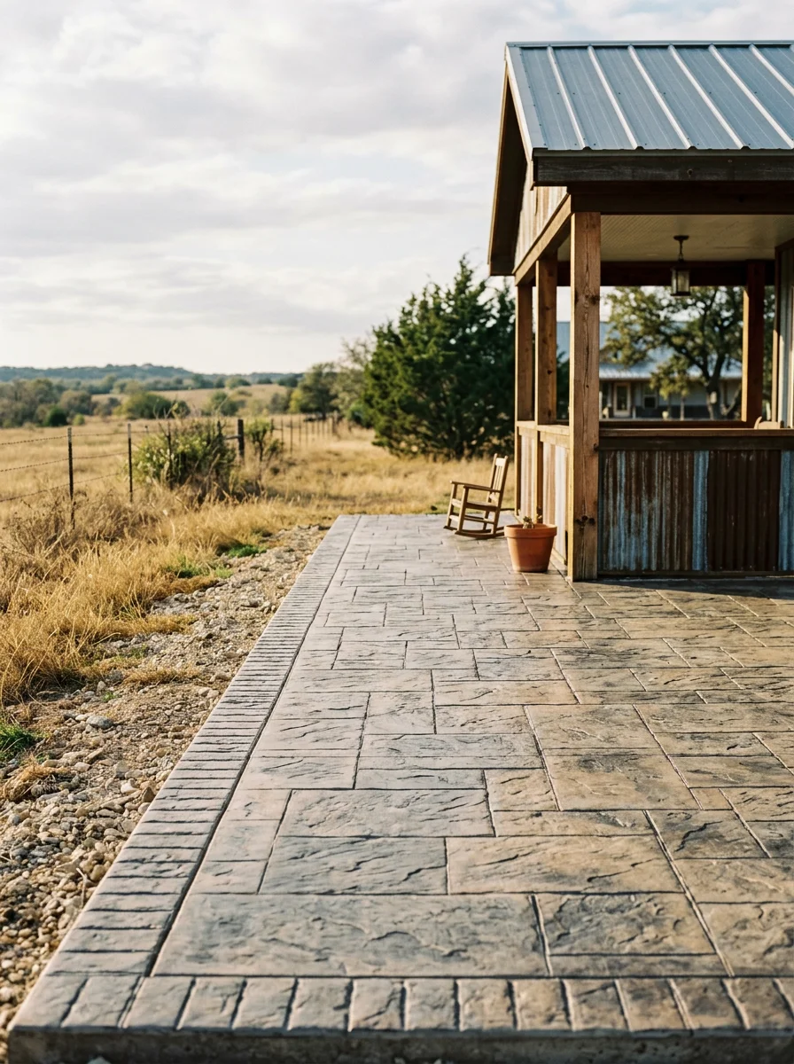Stamped concrete patio with a decorative border poured at a new acreage home near Godley, Texas, with an outdoor seating area and a metal roof covered porch structure.