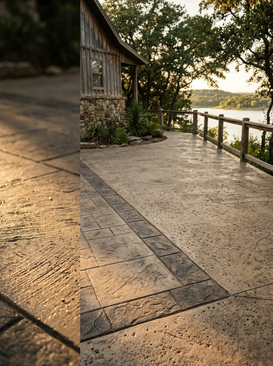 Stamped concrete patio and outdoor living area poured at a lakefront cabin in Palo Pinto County, Texas, with a decorative border and brushed finish.