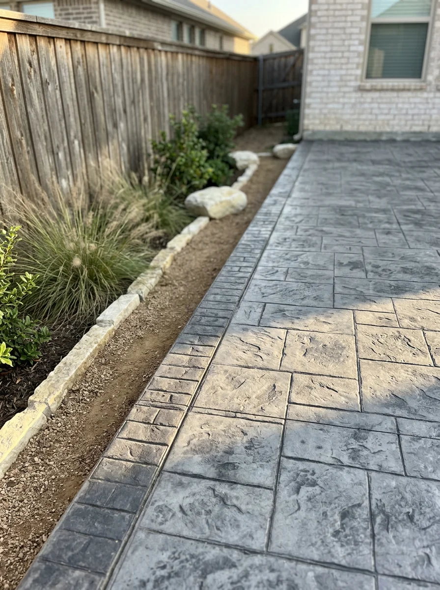 Stamped concrete patio with a decorative border pattern installed at a new home in a master-planned Parker County community, surrounded by a wood privacy fence.