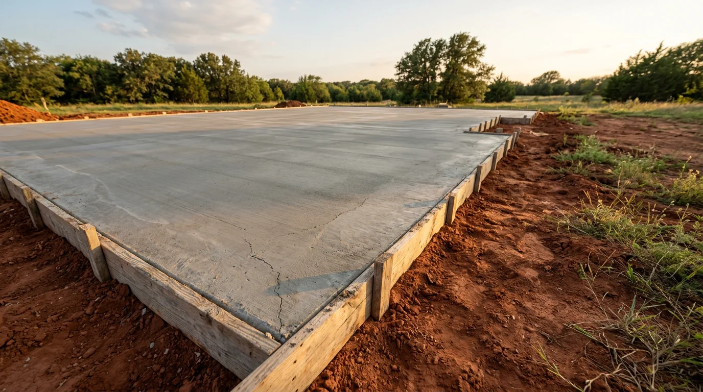 Freshly poured concrete house slab on a Parker County, Texas acreage lot with red clay soil visible at the edges and a wood form perimeter still in place.