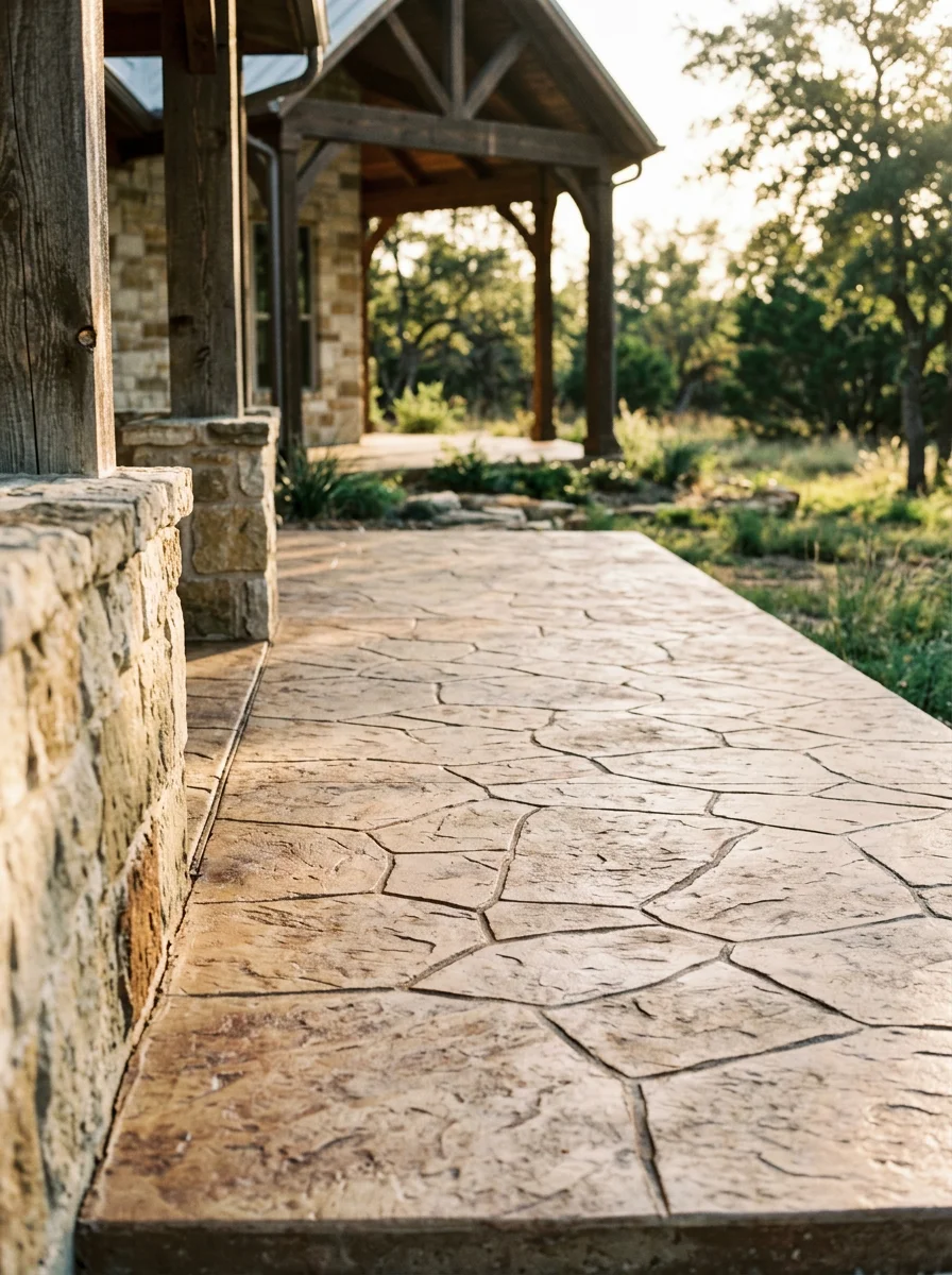 Stamped concrete patio and outdoor kitchen slab at a custom acreage home in Somervell County, Texas, with a decorative stone-pattern finish and a covered outdoor living structure.