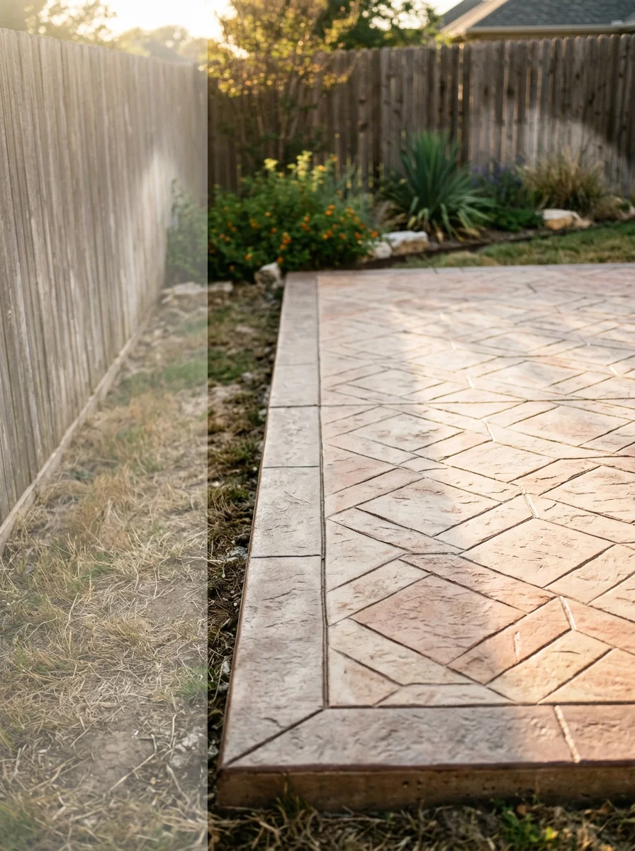 Stamped concrete patio with a decorative border installed at a west Fort Worth home, with an outdoor seating area and a wood privacy fence along the property line.