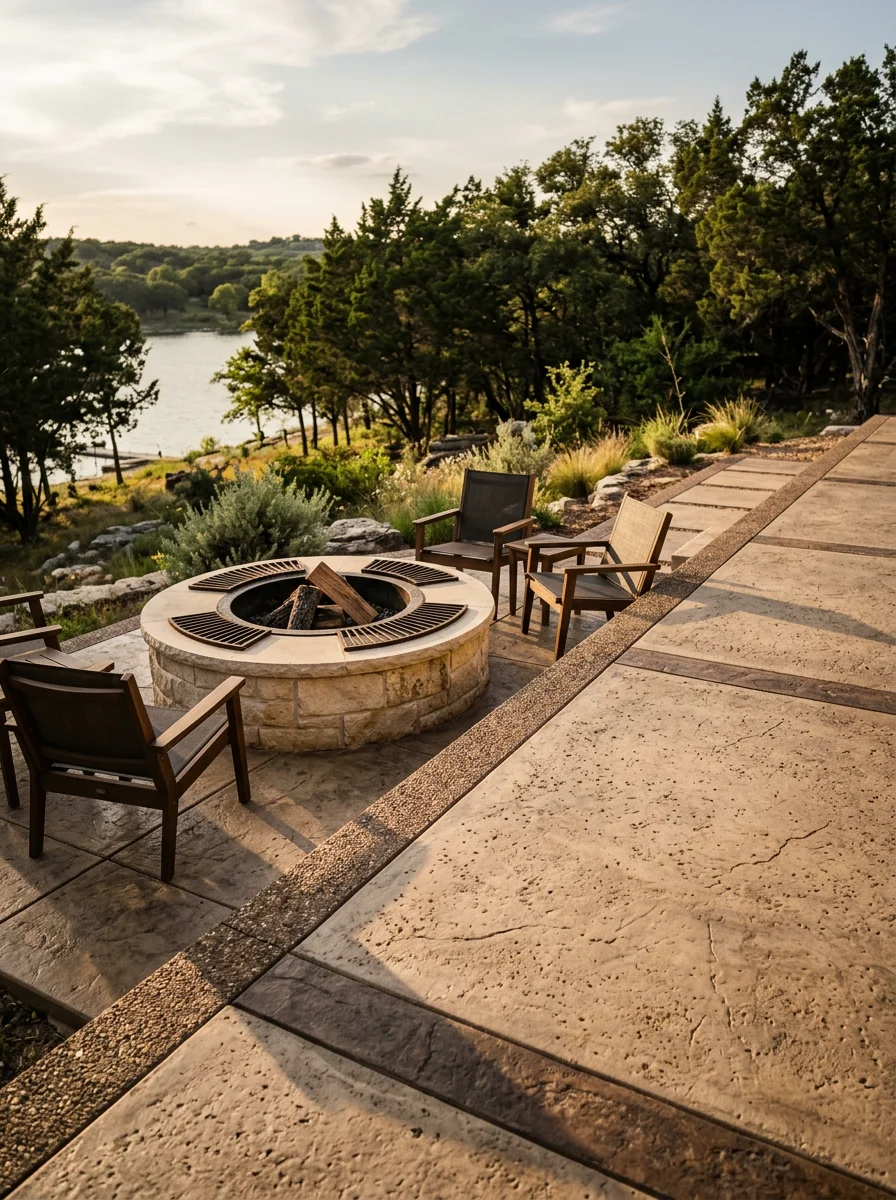 Concrete patio and firepit seating area poured at a Lake Bridgeport property in Wise County, Texas, with a brushed finish and decorative border detail.