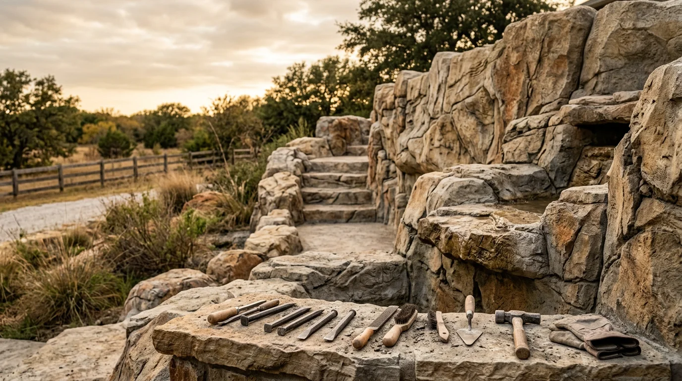 Hand-carved concrete faux rock formation installed along a landscaped retaining wall on a residential acreage property in Parker County, Texas. The sculpted concrete surface mimics natural stone texture and color, blending into the surrounding native landscape.