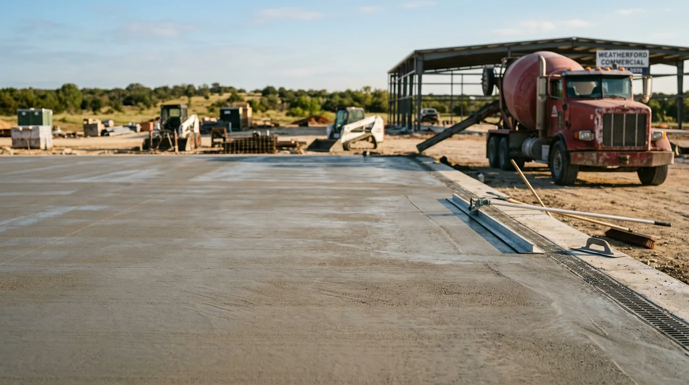 Freshly poured and finished commercial concrete flatwork covering a parking lot and pedestrian walkway at a commercial property in Parker County, Texas. Smooth gray concrete surface with clean edges and visible control joints under a clear Texas sky.