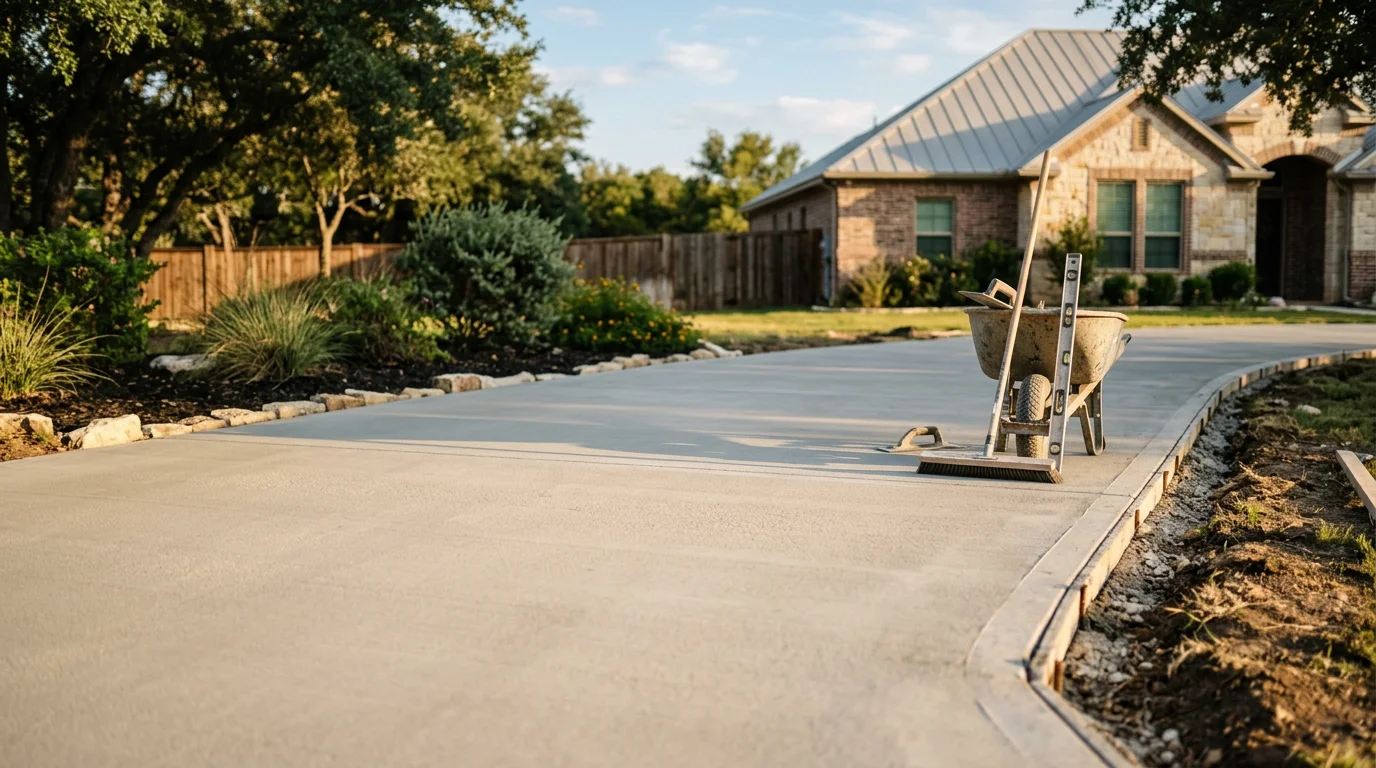 Freshly poured concrete driveway on a residential acreage property in Parker County, Texas, with a clean brushed finish and formed edges leading to a garage. The surrounding landscape reflects the open rural terrain common to communities like Brock and Poolville.