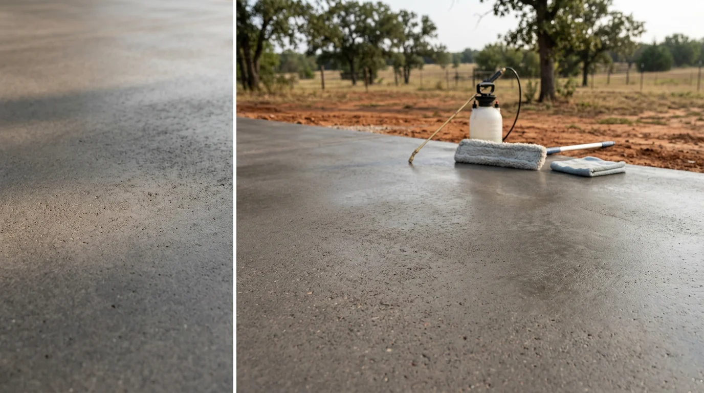 Freshly finished and sealed concrete patio slab on a residential property in Parker County, Texas, showing a smooth broom-textured surface with a clean sealer coat applied under bright Texas sun. The slab edges are clean and square, with a rural acreage property visible in the background.