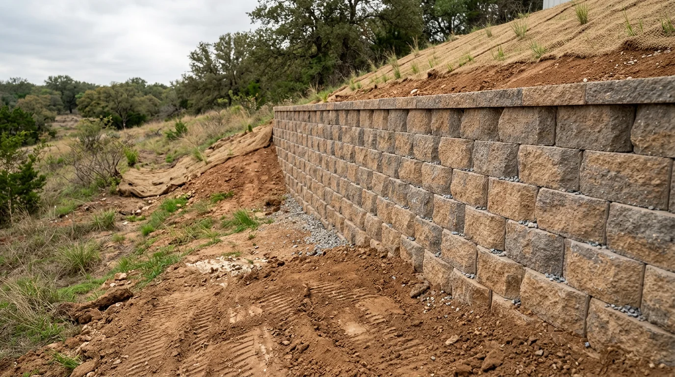 A completed erosion control wall built into a sloped residential property in Parker County, Texas, with graded soil held firmly behind the wall and a defined drainage path visible along the base. The rolling terrain and clay soil typical of the Weatherford and Aledo area are visible in the background.