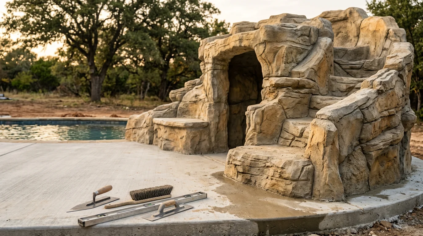 Custom hand-sculpted decorative concrete grotto with shaded alcove and built-in seating ledge beside a residential pool in Parker County, Texas. The textured concrete surface is finished to resemble natural rock and integrates with the surrounding pool deck.