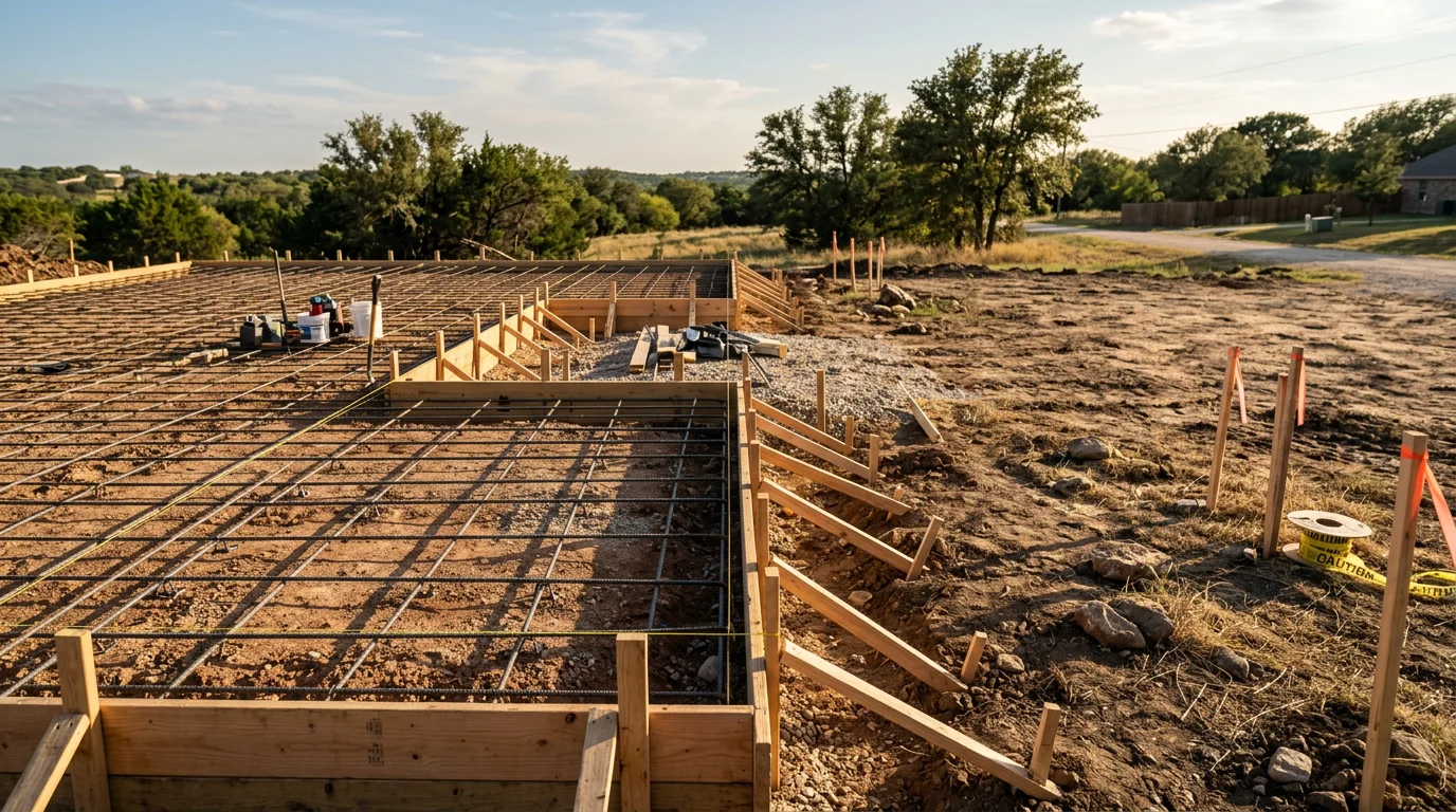 A freshly poured residential house slab with steel reinforcement visible at the perimeter beams, set on a cleared lot in a Parker County acreage community. The formed concrete foundation is ready for framing, with surrounding red clay soil typical of the Weatherford, Texas area.