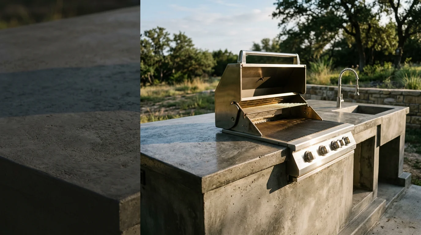 A custom concrete outdoor kitchen built on an acreage property in Parker County, Texas, featuring a weather-rated countertop surface and built-in cooking area under a covered patio. The kitchen sits on a finished concrete slab suited for the North Central Texas climate.