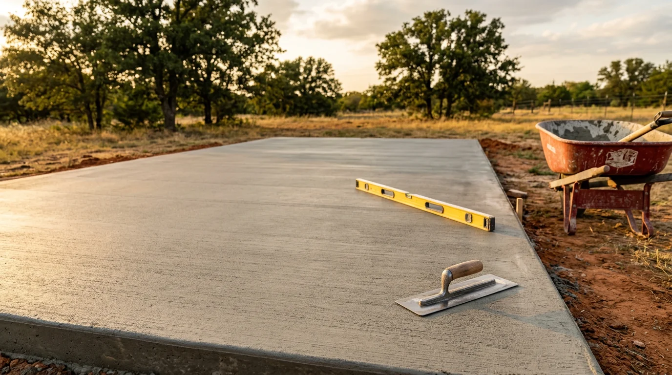 A finished decorative concrete patio behind a custom home in Parker County, Texas, with an open backyard and acreage visible in the background. The slab features a brushed finish and clean control joints suited to the rural and suburban properties common across Weatherford and Aledo.