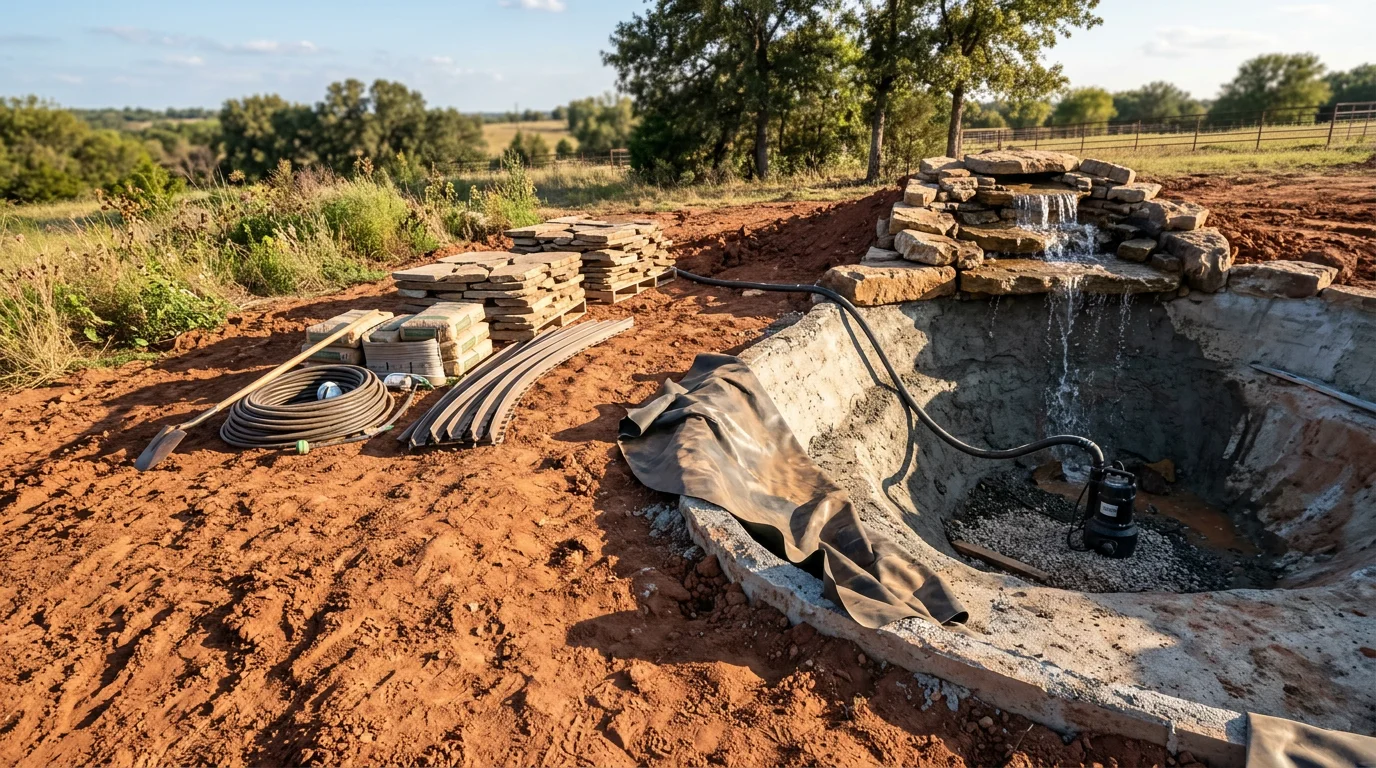 A decorative concrete-edged pond with a naturalistic waterfall built on a residential acreage property in Parker County, Texas, surrounded by native grasses and mature trees. The water feature is set into a gently sloping yard typical of the rolling terrain found across the Weatherford and Aledo area.