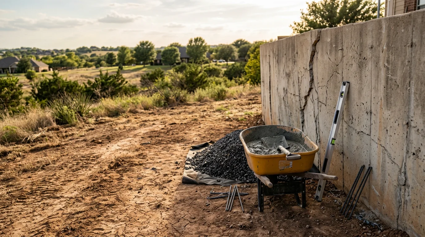 A repaired concrete block retaining wall on a sloped residential property in Parker County, Texas, showing a plumb, level face with no visible cracking or displacement. The surrounding grade is stable with no signs of soil erosion or water pooling at the base.