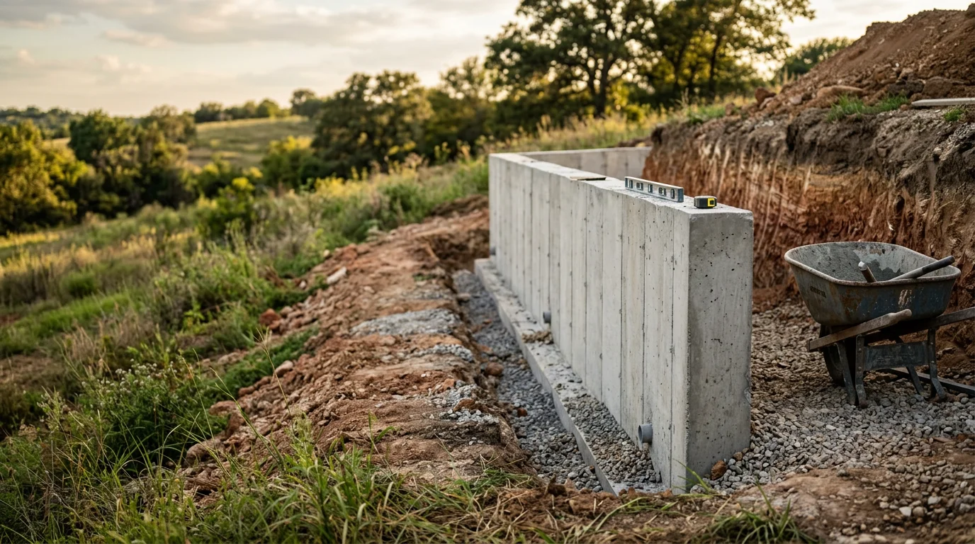 A finished concrete retaining wall holding back a sloped residential yard on a Parker County property, with graded soil secured behind the wall face and a cleared drainage path visible along the base. The surrounding terrain reflects the rolling clay-soil landscape common to the Weatherford and Aledo area of North Texas.