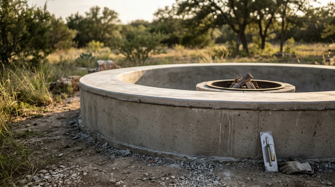 A finished decorative concrete seating area with a built-in firepit and low concrete seating walls on a residential property in Parker County, Texas. The circular layout sits on a reinforced concrete base surrounded by an open backyard on an acreage lot.