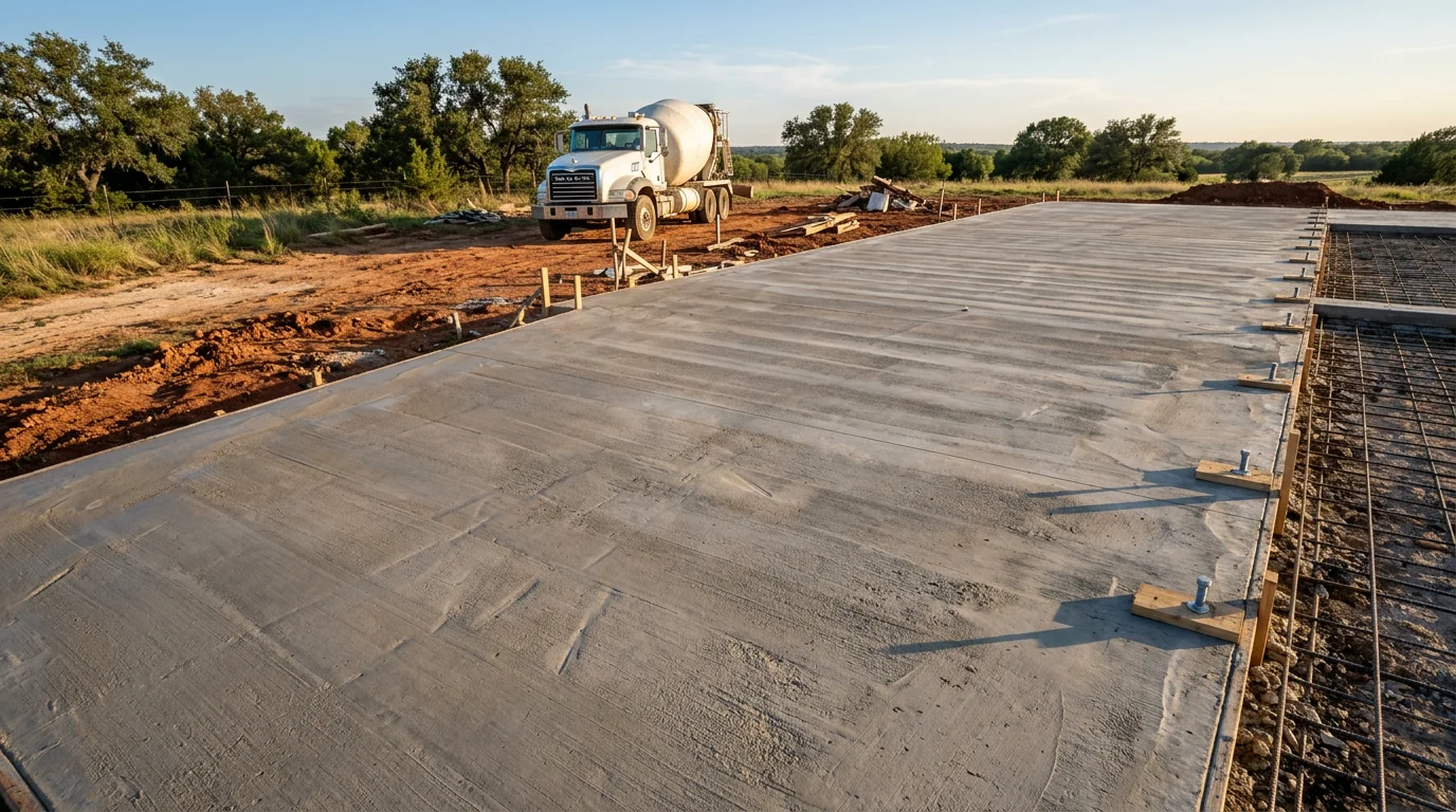 Freshly poured and finished concrete barndominium slab on a rural acreage property in Parker County, Texas, with thickened perimeter beams and anchor bolts set for a metal building frame. Wide open slab surface shows smooth trowel finish across both the living-area zone and the adjacent shop bay.