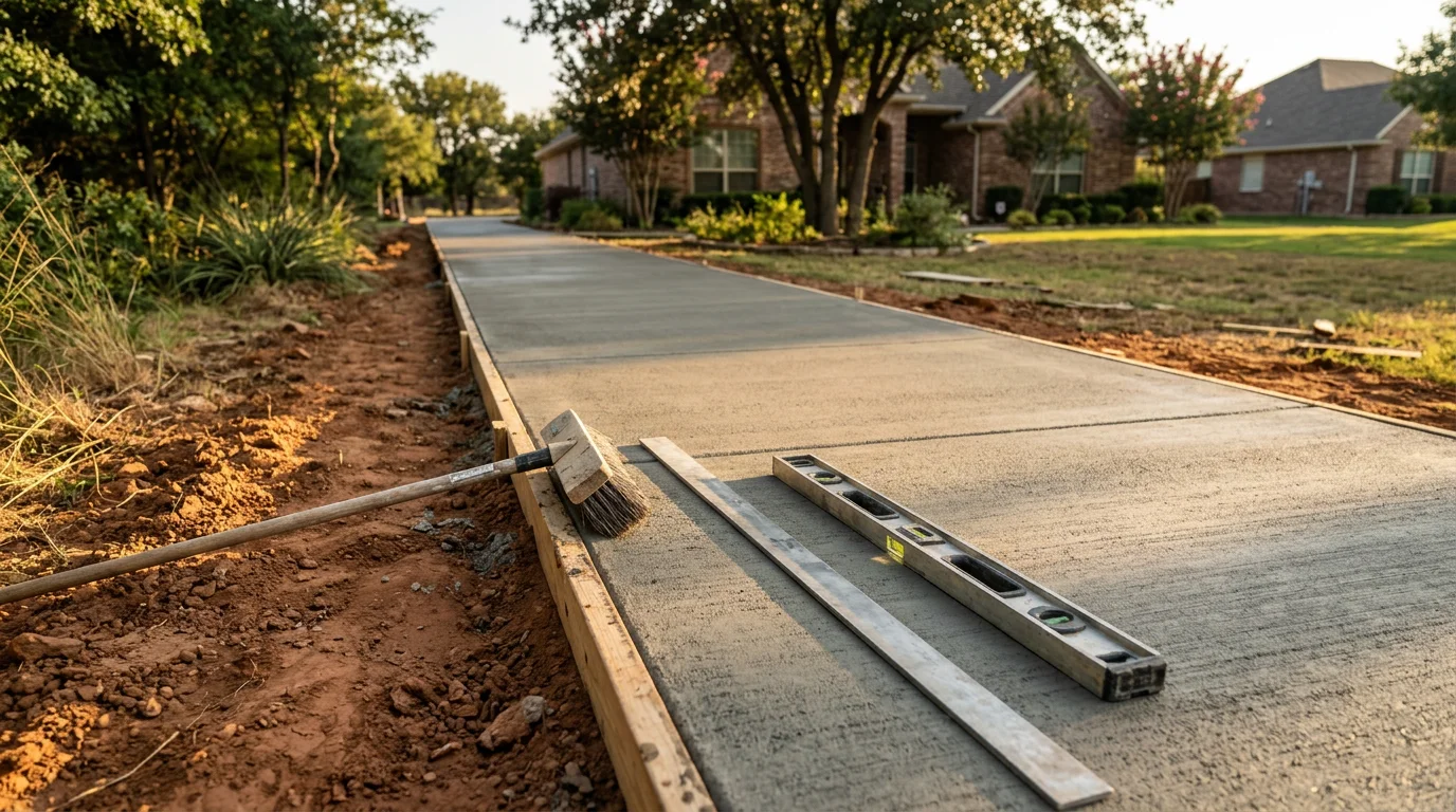 A freshly poured broom-finish concrete walkway leading from a front entry to a driveway on a residential property in Parker County, Texas. The path runs straight with clean formed edges and visible control joints across a well-graded yard.