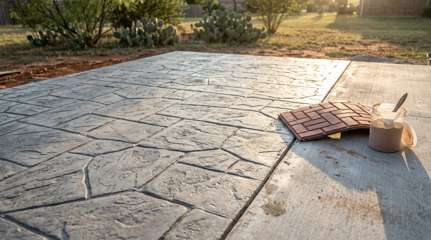 Stamped concrete patio with a stone-pattern finish installed at a residential property in Parker County, Texas. The surface shows pressed texture and integral color typical of decorative concrete work on acreage and custom-home lots in the Weatherford and Aledo area.